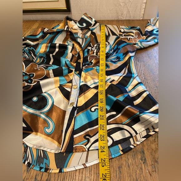 💙 CACHE Blouse – Size S – Bold Retro Print in Blue, Gold & Black vintage - Picture 7 of 8